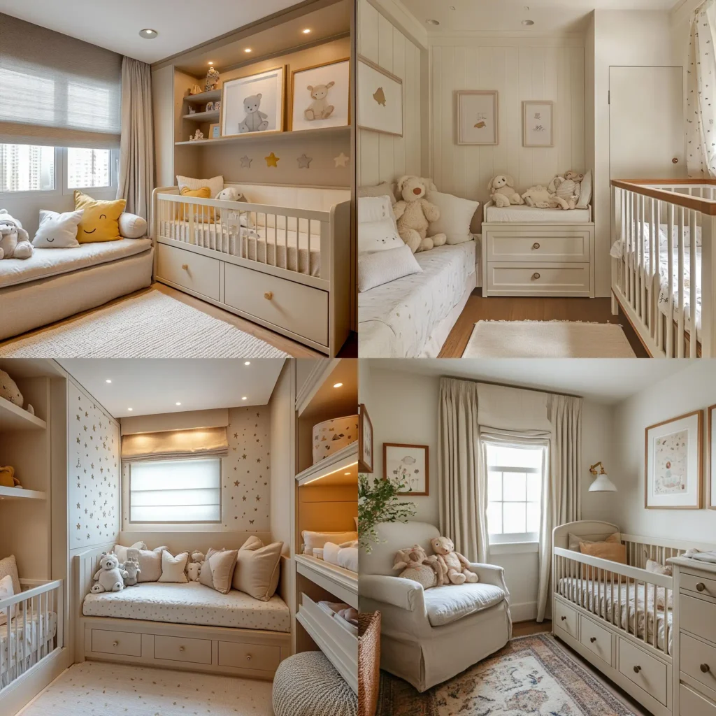 Small nursery with space-saving furniture, including a crib with built-in drawers and neutral decor