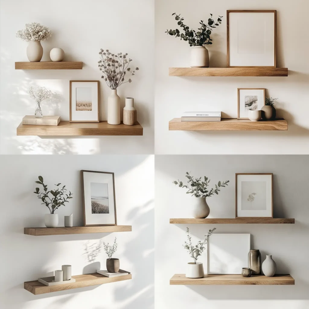 Minimalist floating shelf decor with wood shelves and clean, simple accessories