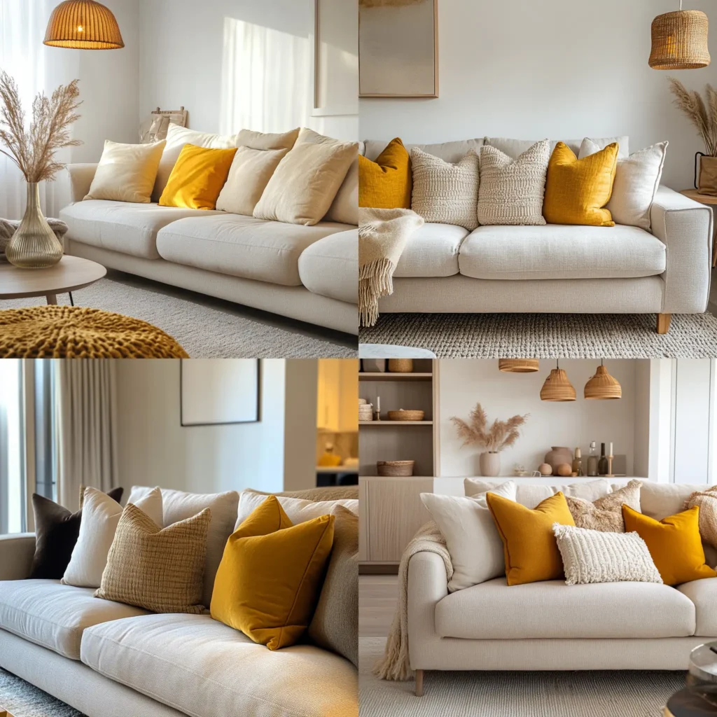 Neutral throw pillows on beige couch with mustard yellow accent pillow