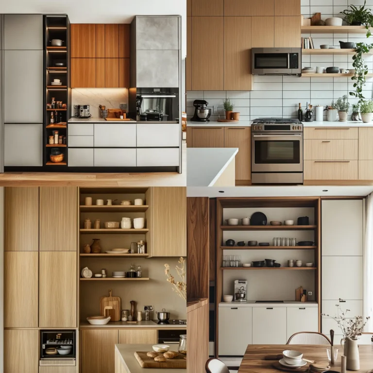 Apartment kitchen with vertical storage solutions like tall cabinets and open shelving.