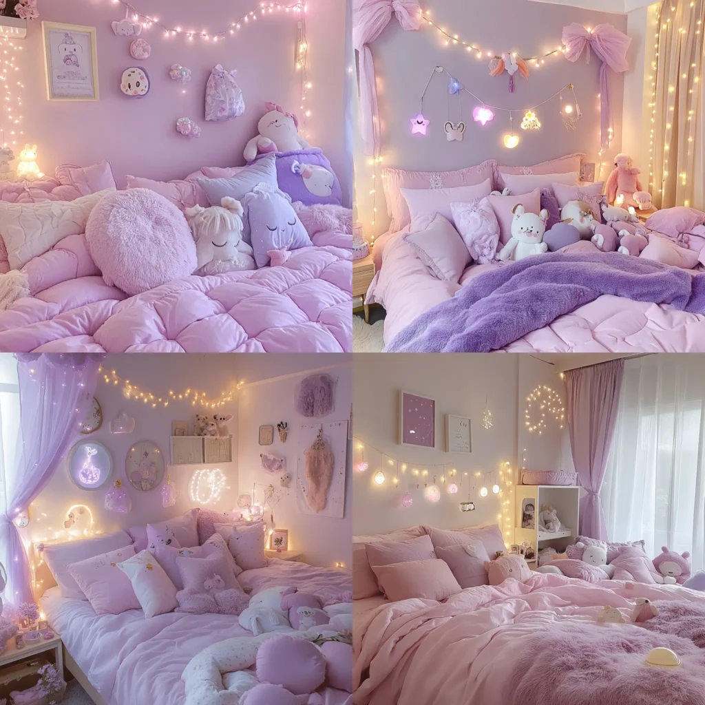 Soft girl room decor with pastel bedding, fairy lights, and cozy cushions
