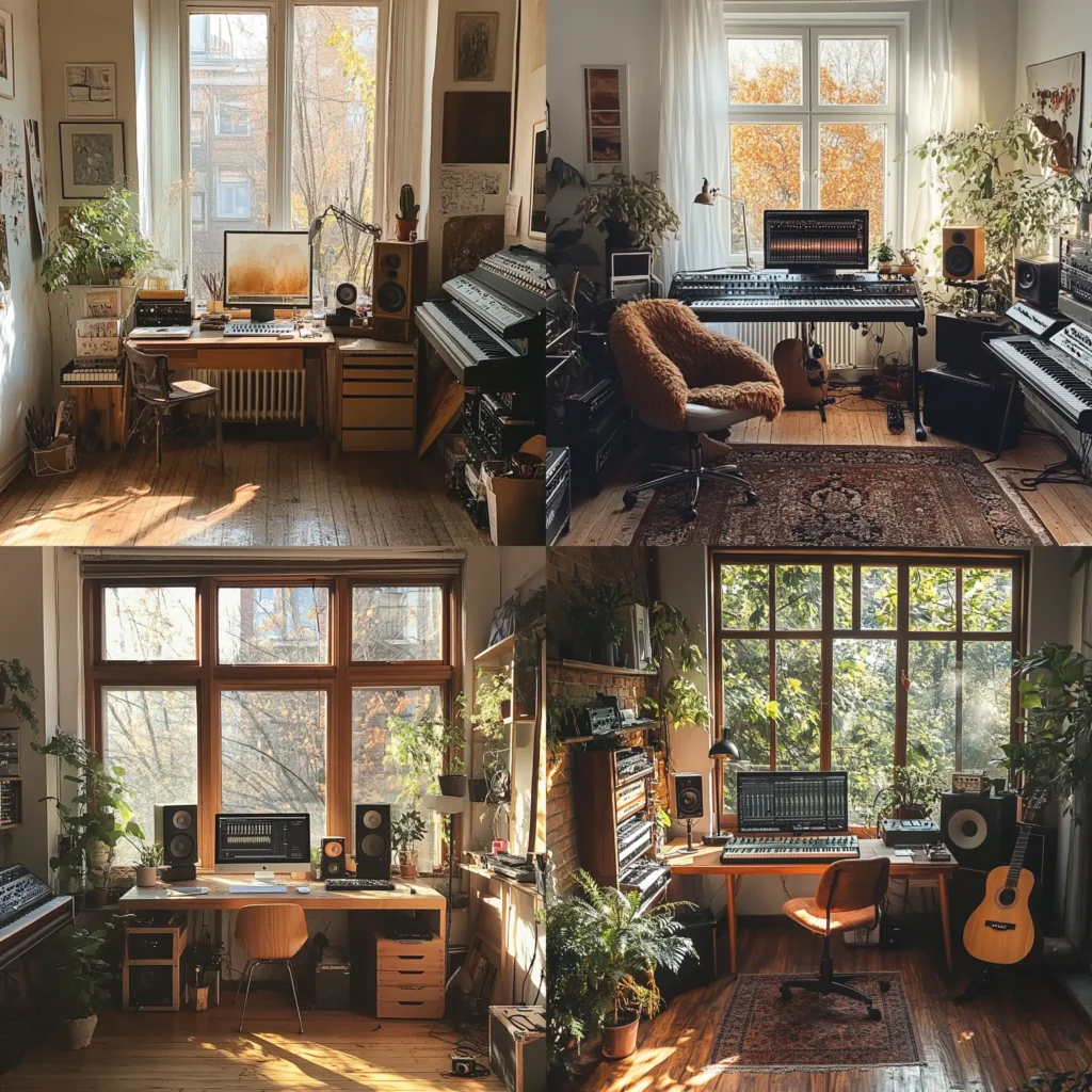 Home studio with minimalist furniture and natural light creating a cozy, productive workspace