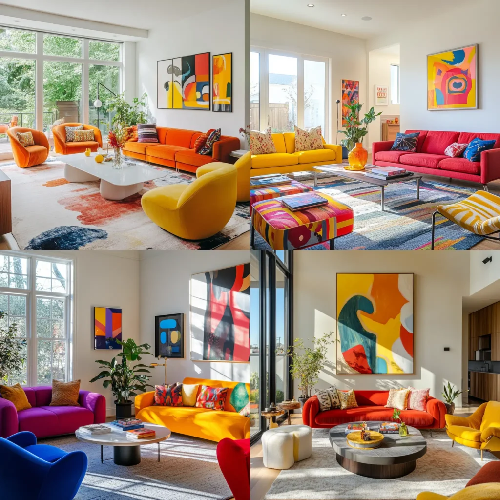 Bright living room with colorful furniture and natural light, showcasing bold color palette and cozy vibe