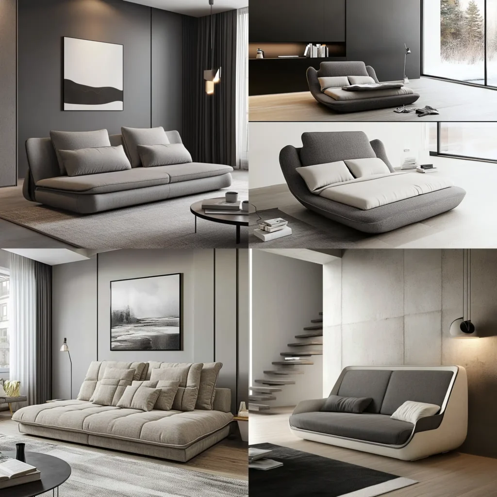 Multi-functional sofa in a minimalist living room, with built-in storage and a sleek design.