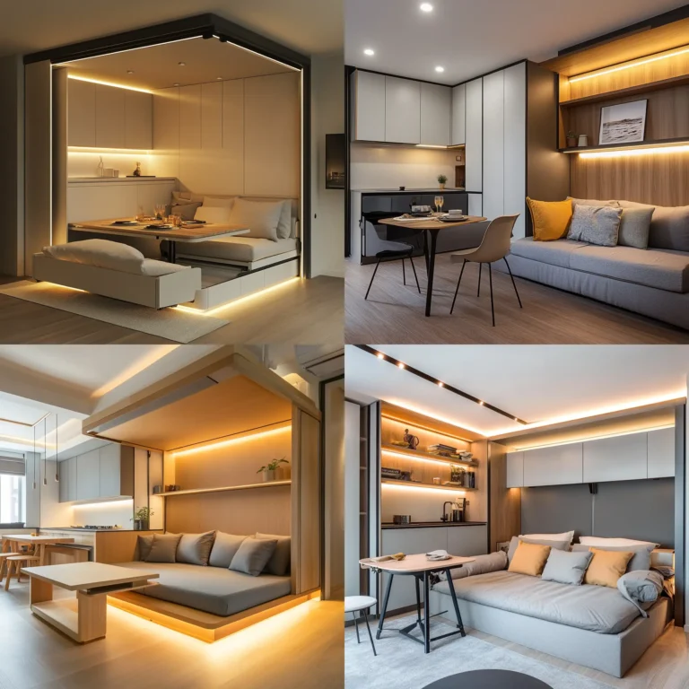 Multi-functional furniture in a modern studio apartment, including a foldable dining table and sofa that turns into a bed.