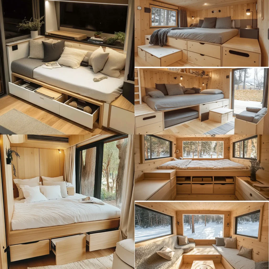 Multi-functional furniture in a tiny home with bed storage and convertible couch