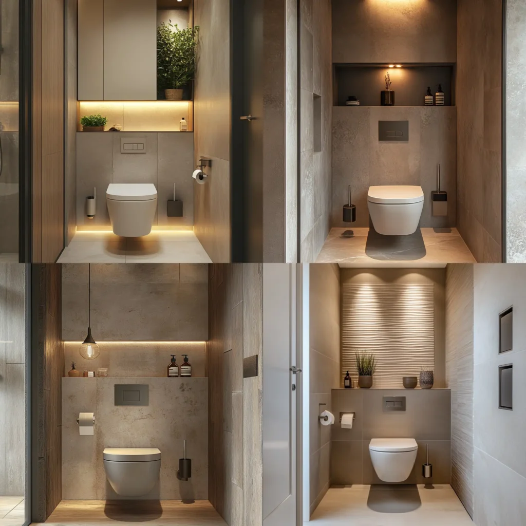 Space-saving fixtures in a small toilet room with a wall-mounted toilet and minimalist decor