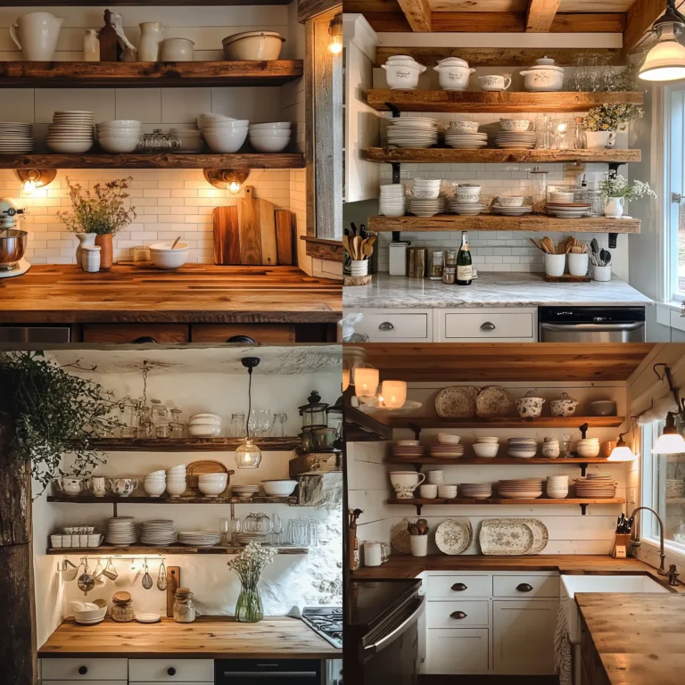 Open shelving in a small cottage kitchen with rustic wooden shelves and kitchen essentials