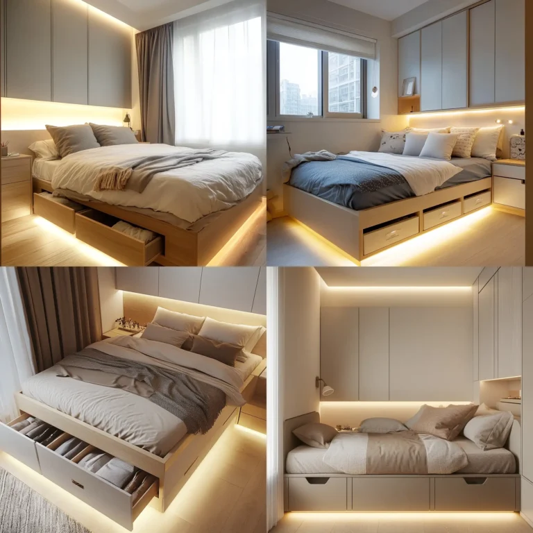 Under-bed storage in a tiny bedroom with drawers and organized space