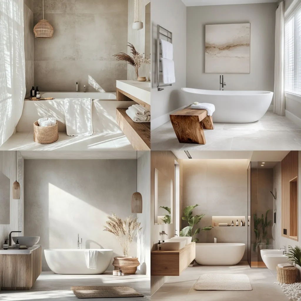 Spa-like bathroom with soothing neutral tones, wood accents, and minimalistic decor