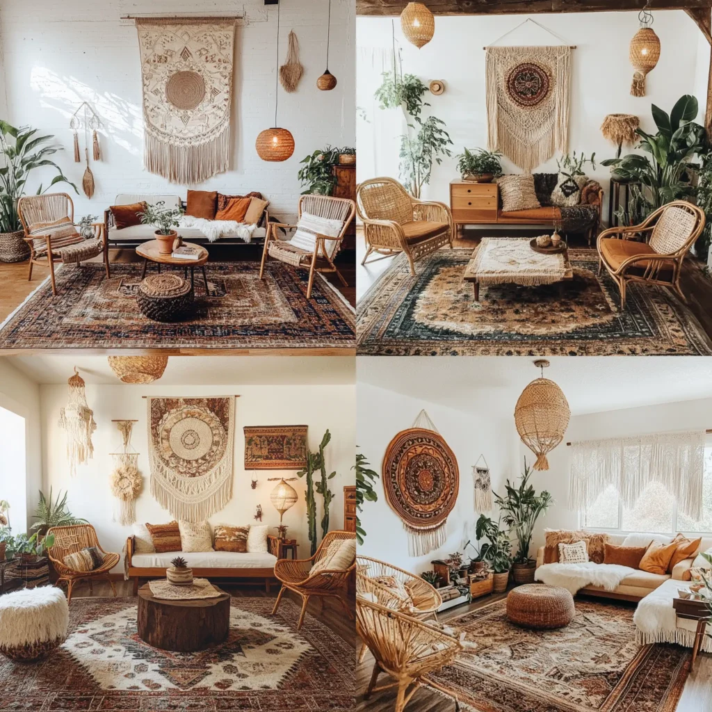Vintage boho decor living room with rattan chairs, mid-century furniture, and layered textiles