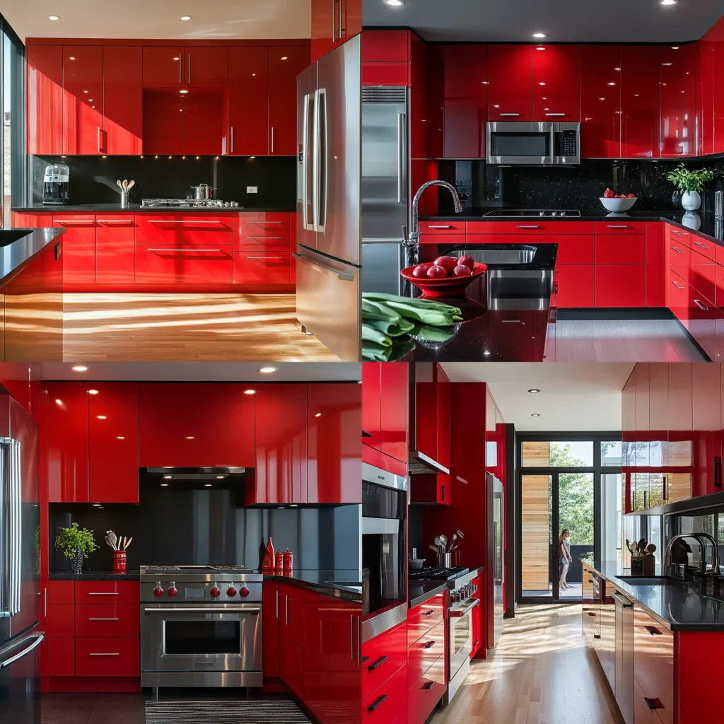 Modern kitchen with bold red cabinets, sleek black countertops, stainless steel appliances, and minimalistic design