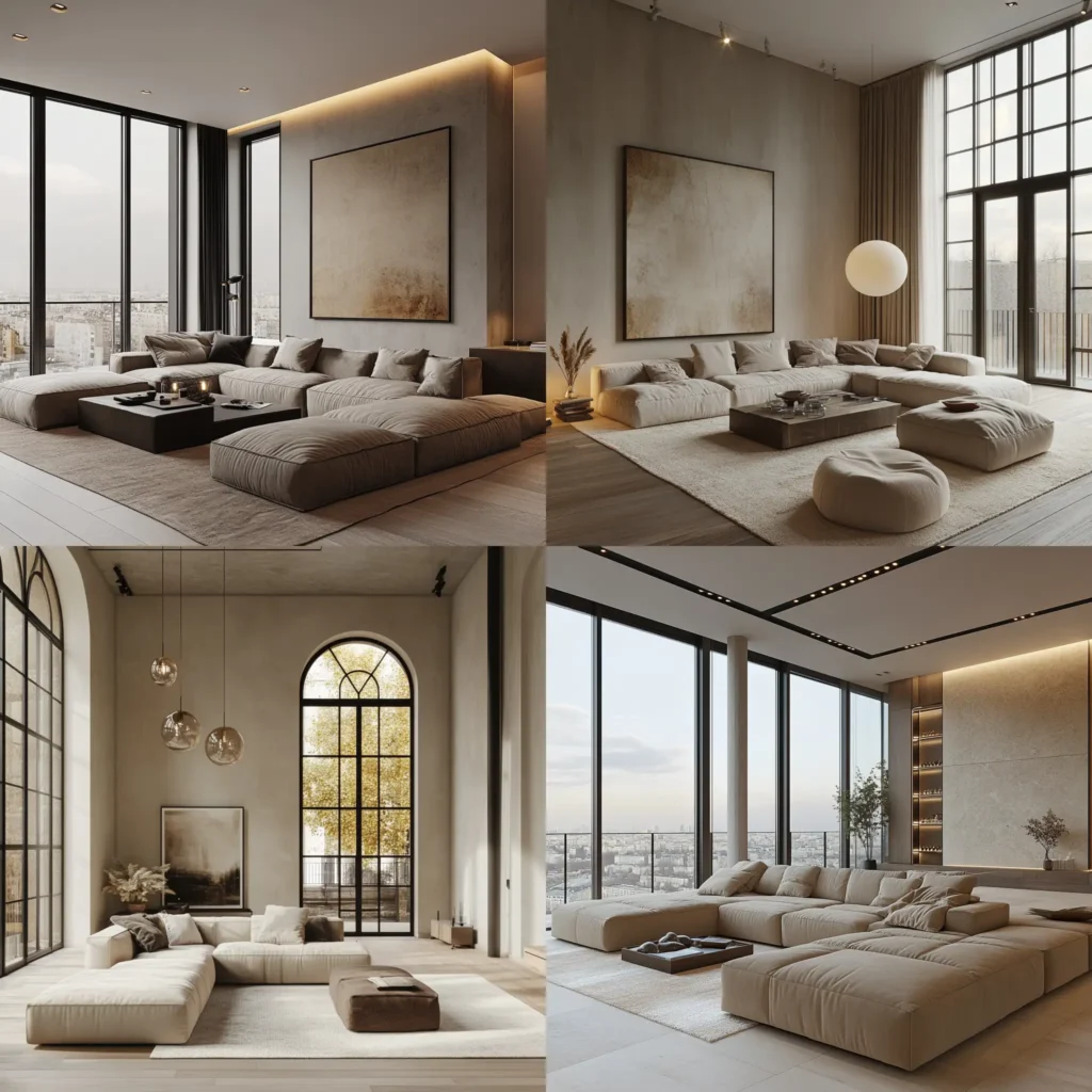 Modern apartment lounge with neutral color palette and minimalist decor