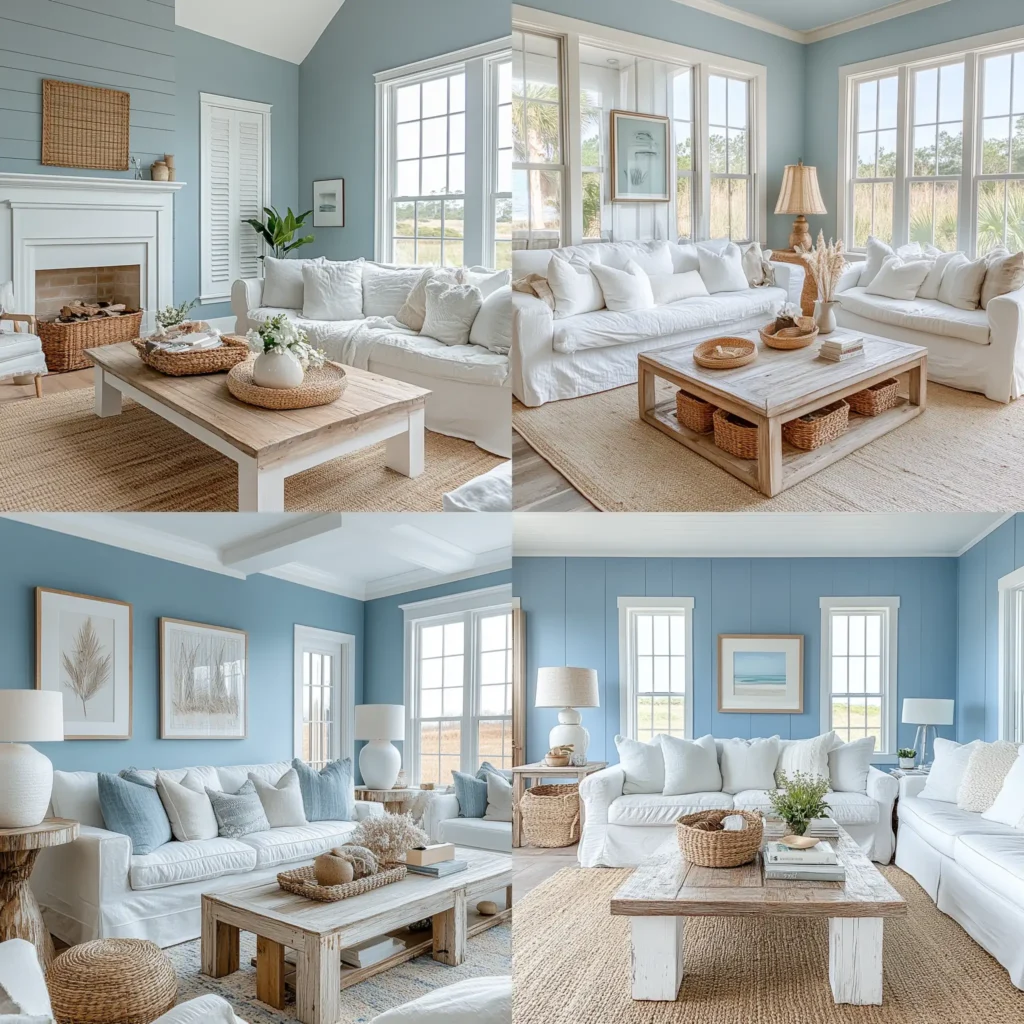 Light and airy beachy room with soft neutral colors and natural wood accents