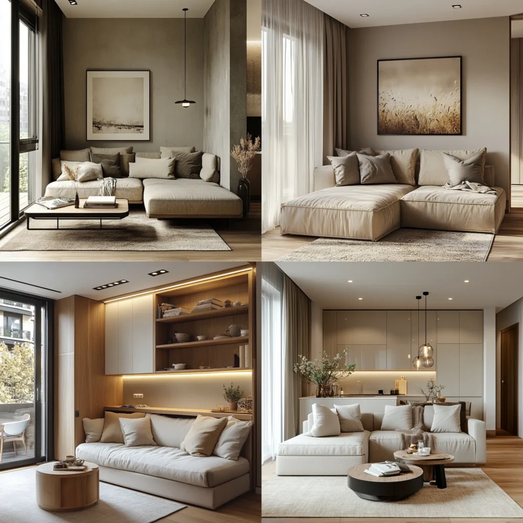 Modern compact living room design with multi-functional furniture and cozy decor