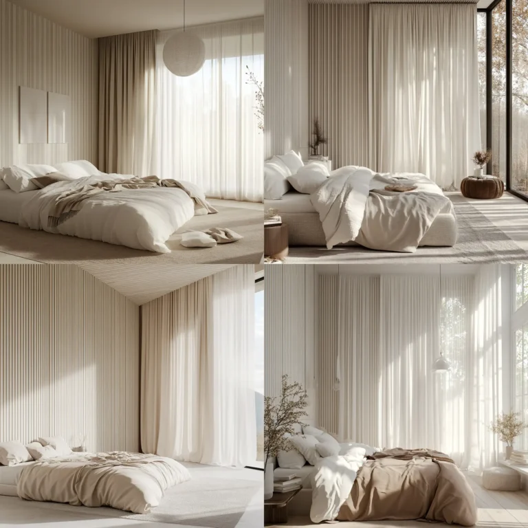 Bedroom with wall height illusions using ceiling-to-floor curtains and vertical stripes