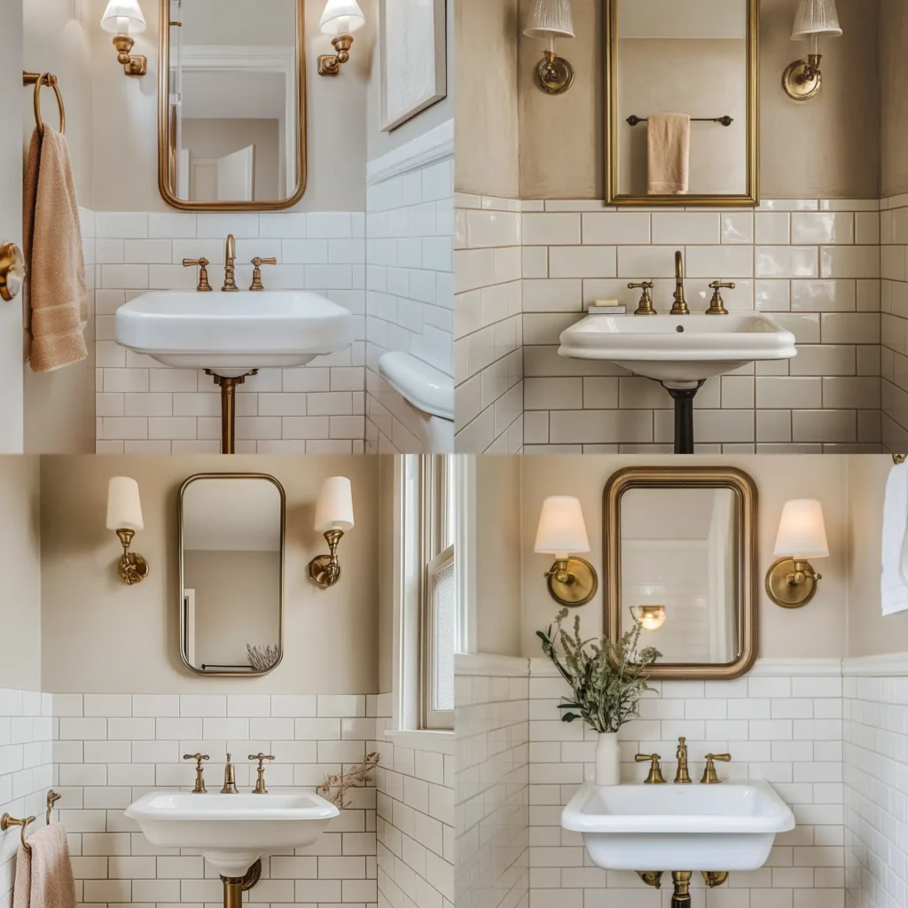 White subway tile half wall bathroom with brass accents and vintage sink