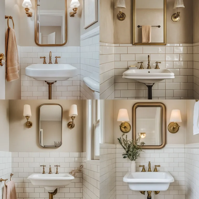 White subway tile half wall bathroom with brass accents and vintage sink