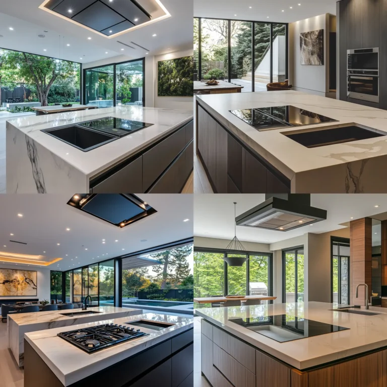 Modern kitchen island with cooktop and sink in open concept layout