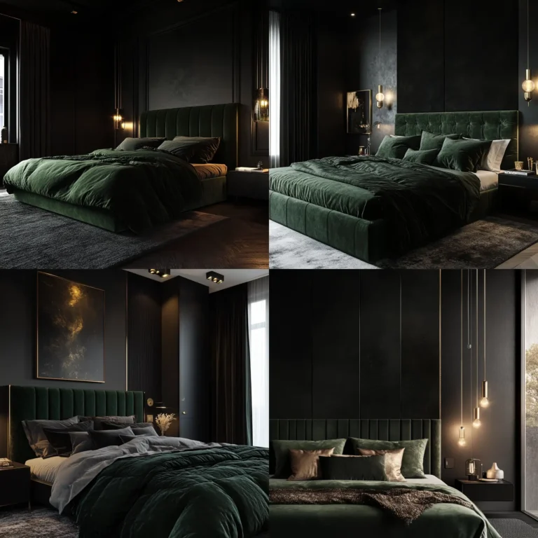 Luxurious black and dark green bedroom with velvet headboard, matte black wall, and gold accents