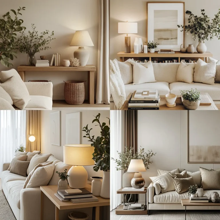 Table behind couch with decorative items and ambient lighting in a modern living room