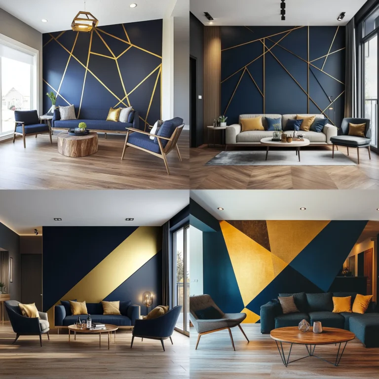 Modern living room with geometric navy and gold accent wall design