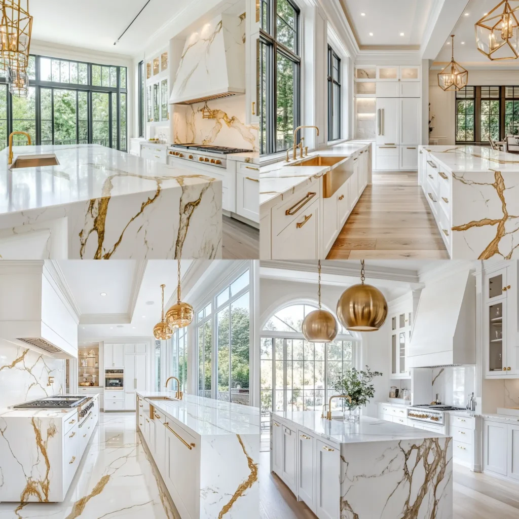 Calacatta Gold marble countertop color with gold veining in a luxury kitchen