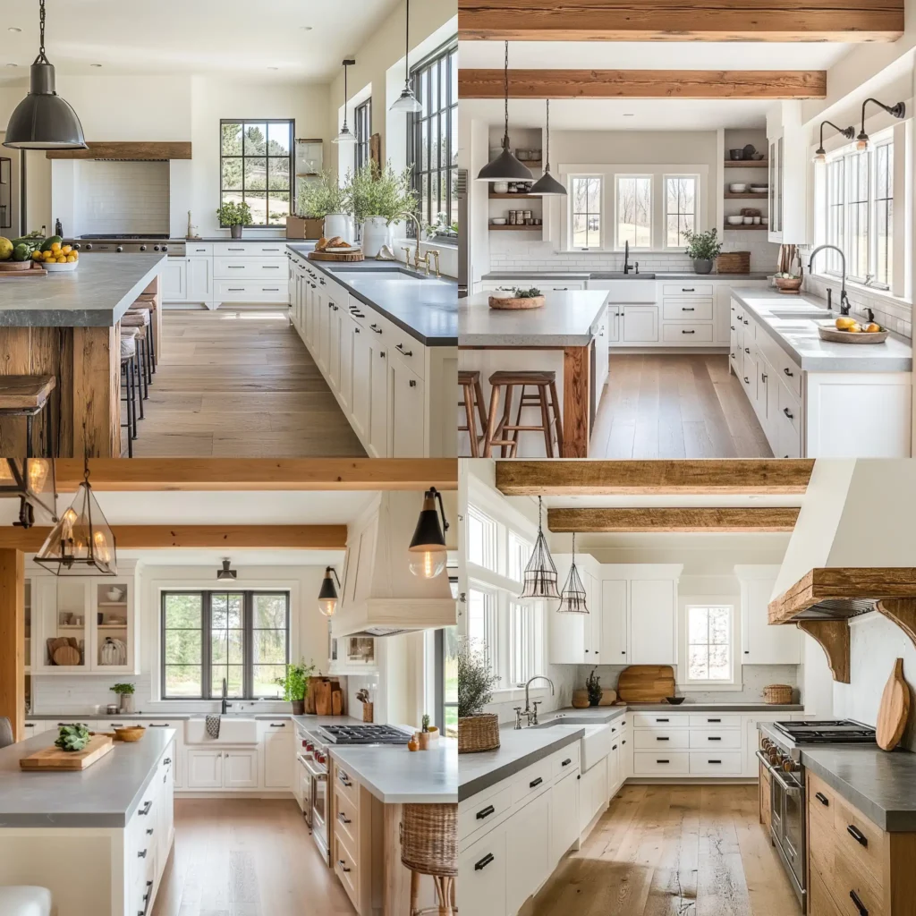 Modern farmhouse kitchen with white and gray tones, wood accents, and rustic decor