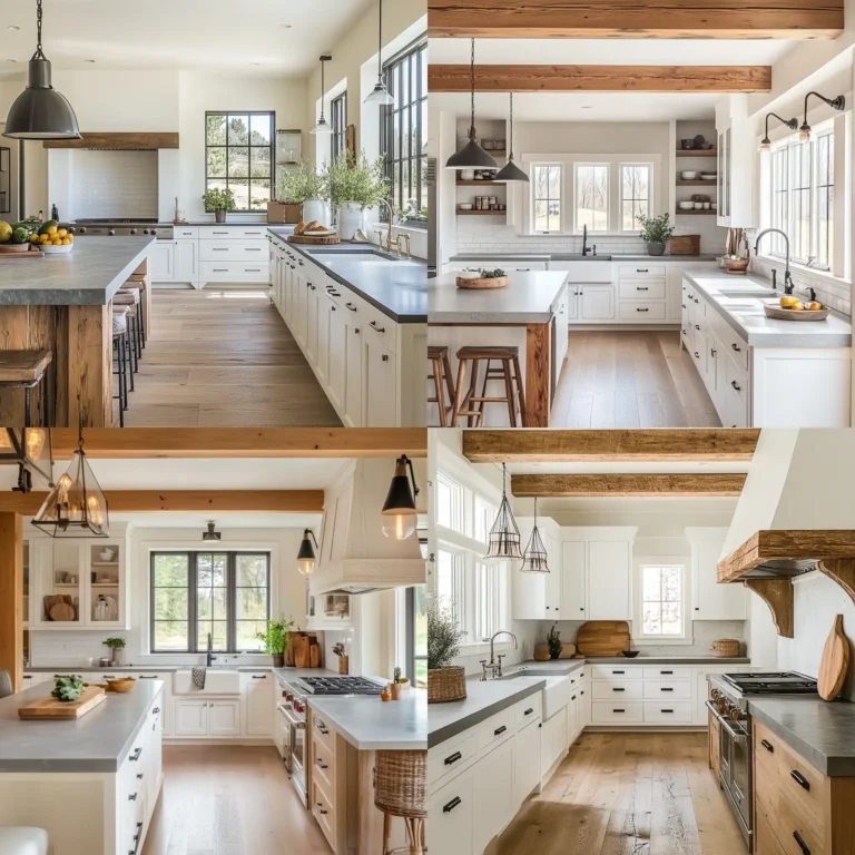 Modern farmhouse kitchen with white and gray tones, wood accents, and rustic decor