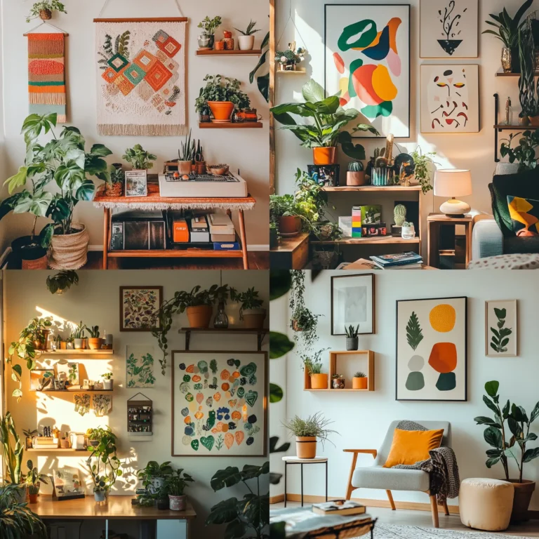 DIY apartment decor with colorful handmade wall art in a cozy modern space