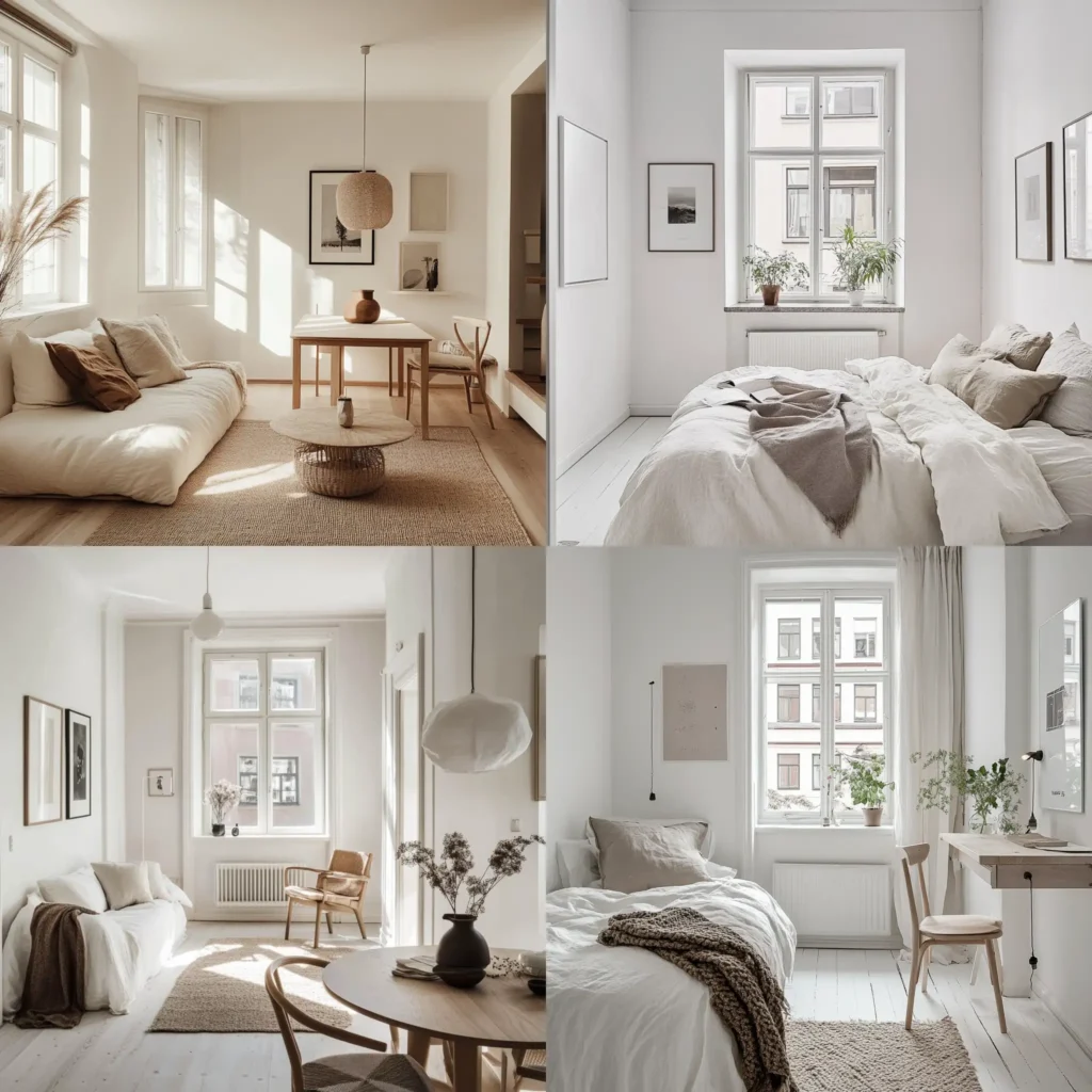Bright Scandinavian small space with natural light, wooden accents, and white walls