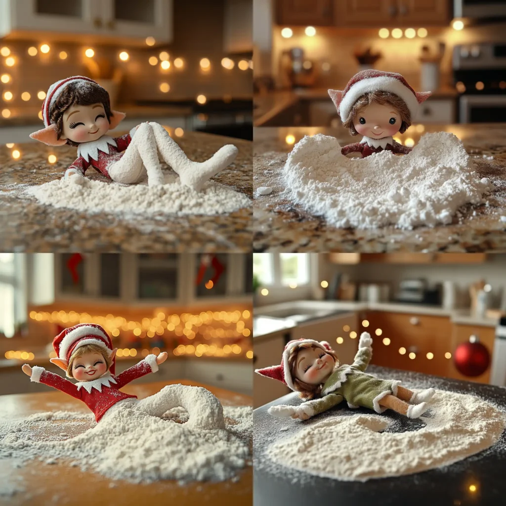 Elf making snow angel in kitchen flour