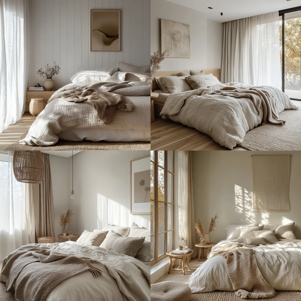 Scandinavian minimalist bedroom with neutral tones and light wood accents, serene and peaceful design