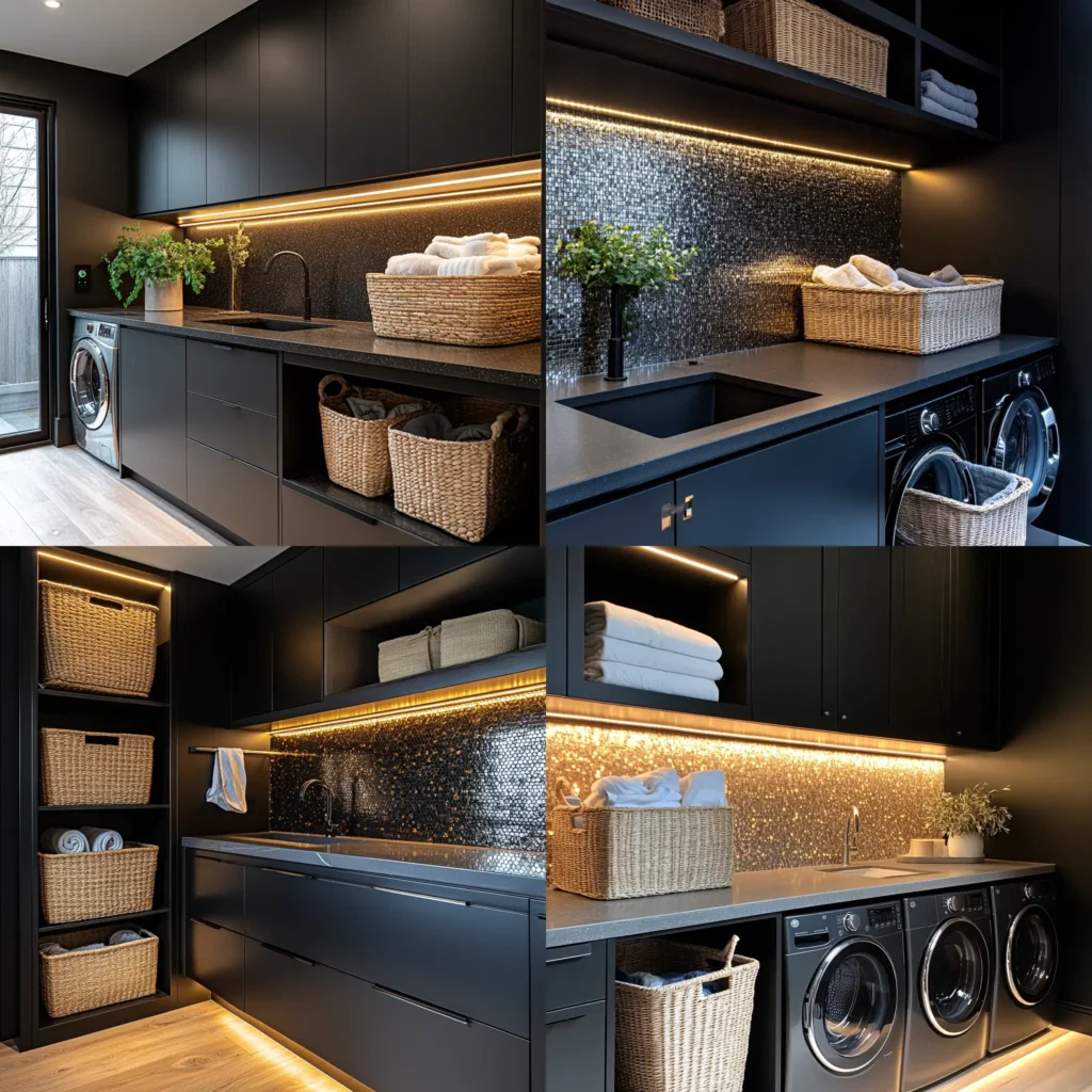 Modern lighting setup in a dark utility room with black cabinets and reflective surfaces