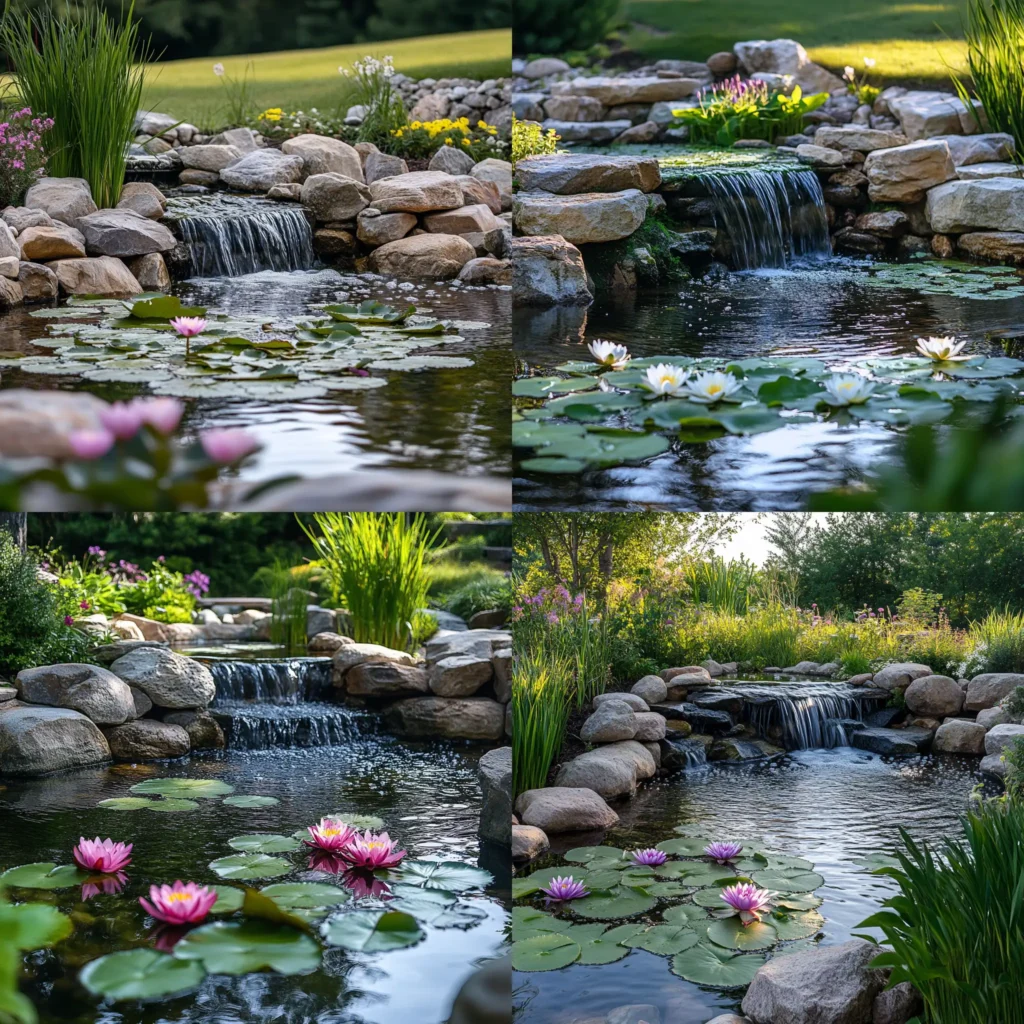 Backyard pond surrounded by natural rocks and water lilies in a rustic garden setting