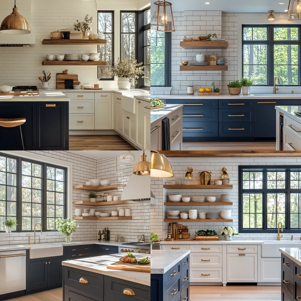 Modern kitchen with off white kitchen cabinets, brass hardware, and a navy blue island.