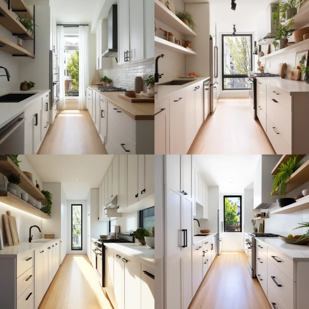 Modern kitchen layout long narrow galley design with white cabinets and natural light.