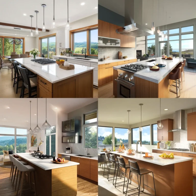 Modern kitchen island with cooktop and sink under pendant lights