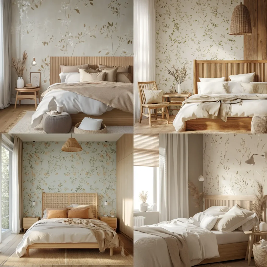Calming wallpaper with botanical patterns in a softly lit bedroom