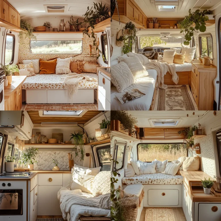 DIY remodeled camper with boho interior, white walls, and clever storage