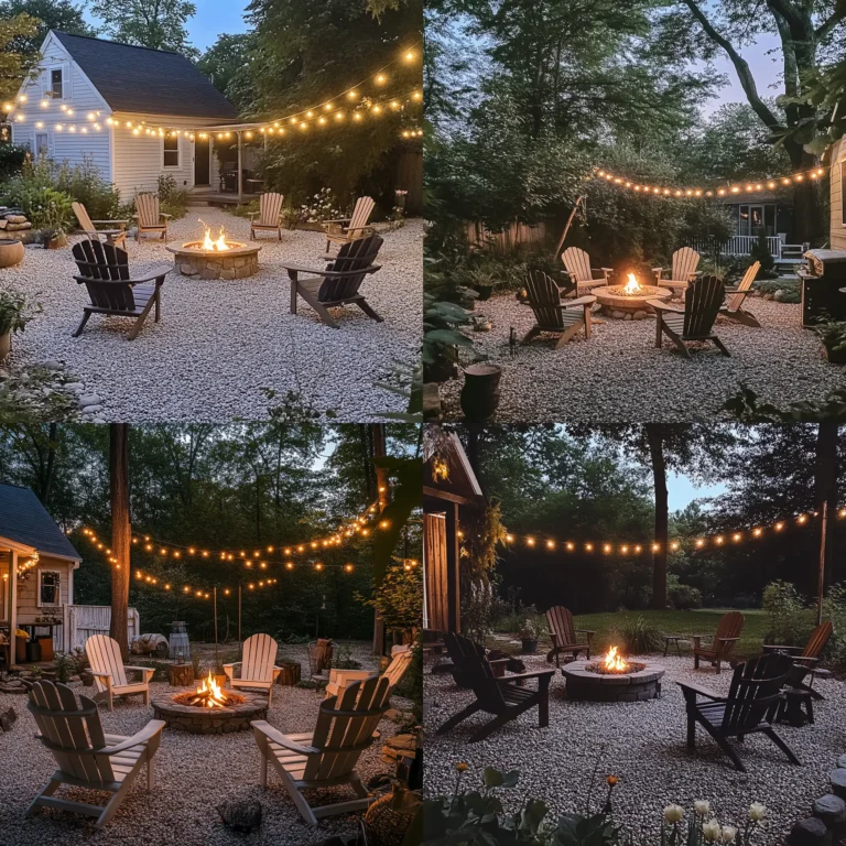 Cozy pea gravel patio with fire pit, rustic chairs, and ambient lighting
