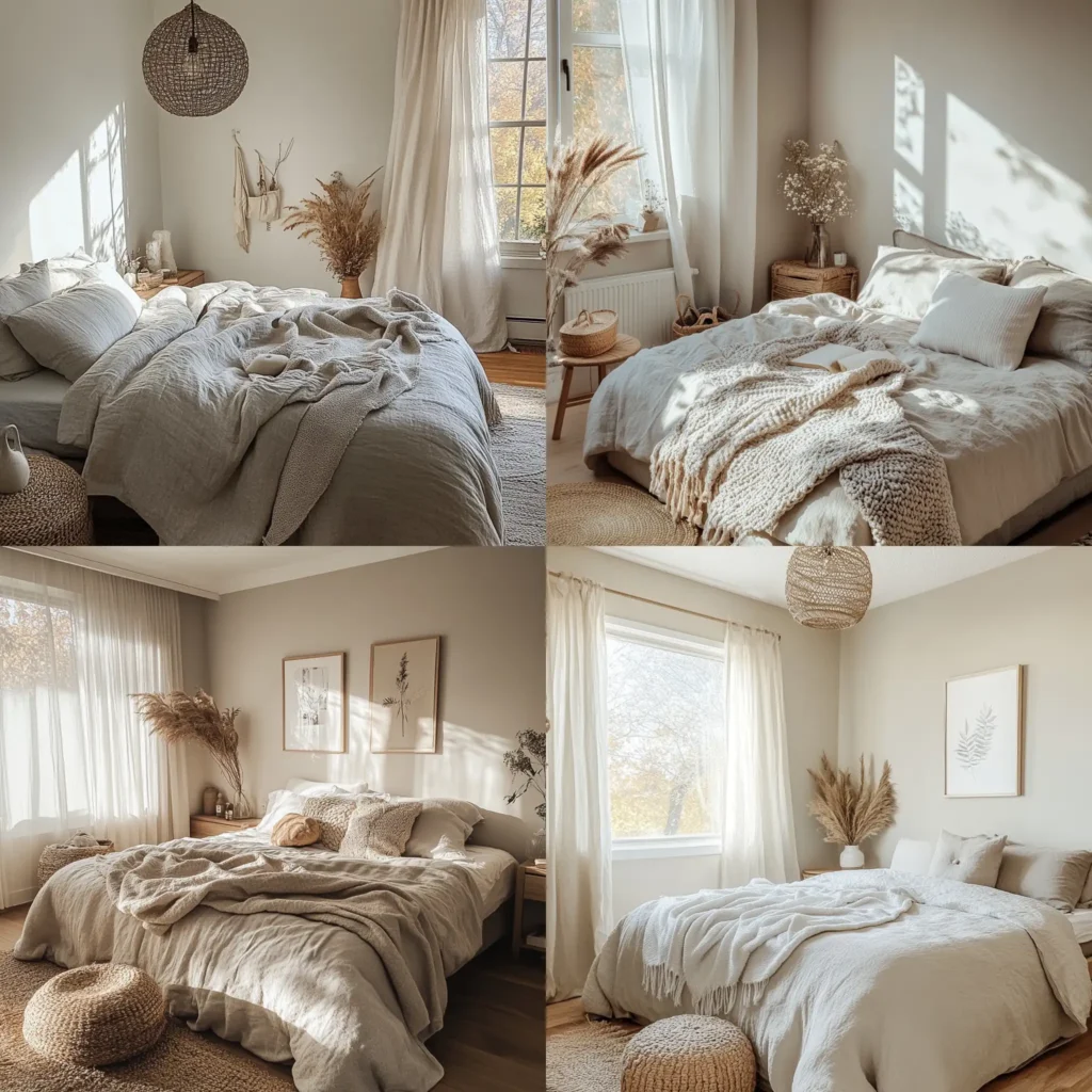 Neutral boho bedroom with soft beige tones, earthy accessories, and natural light
