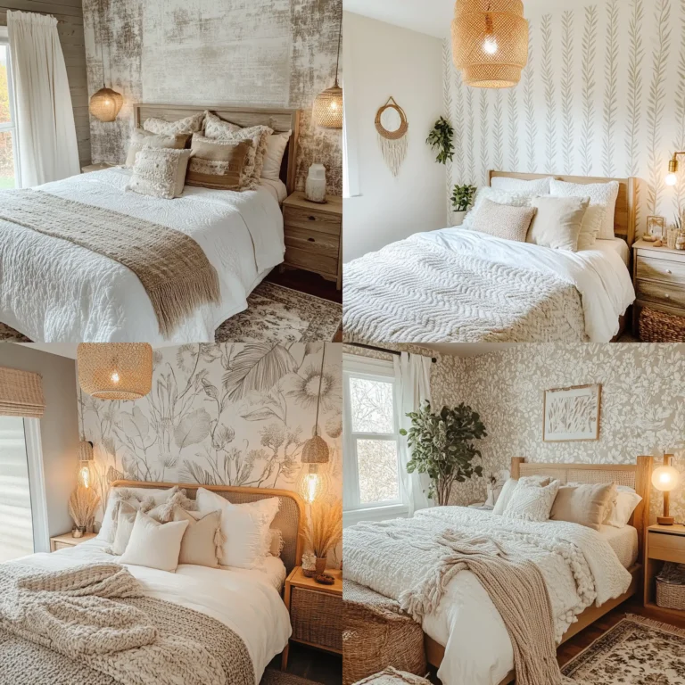 Budget bedroom makeover with peel-and-stick wallpaper and cozy boho bedding