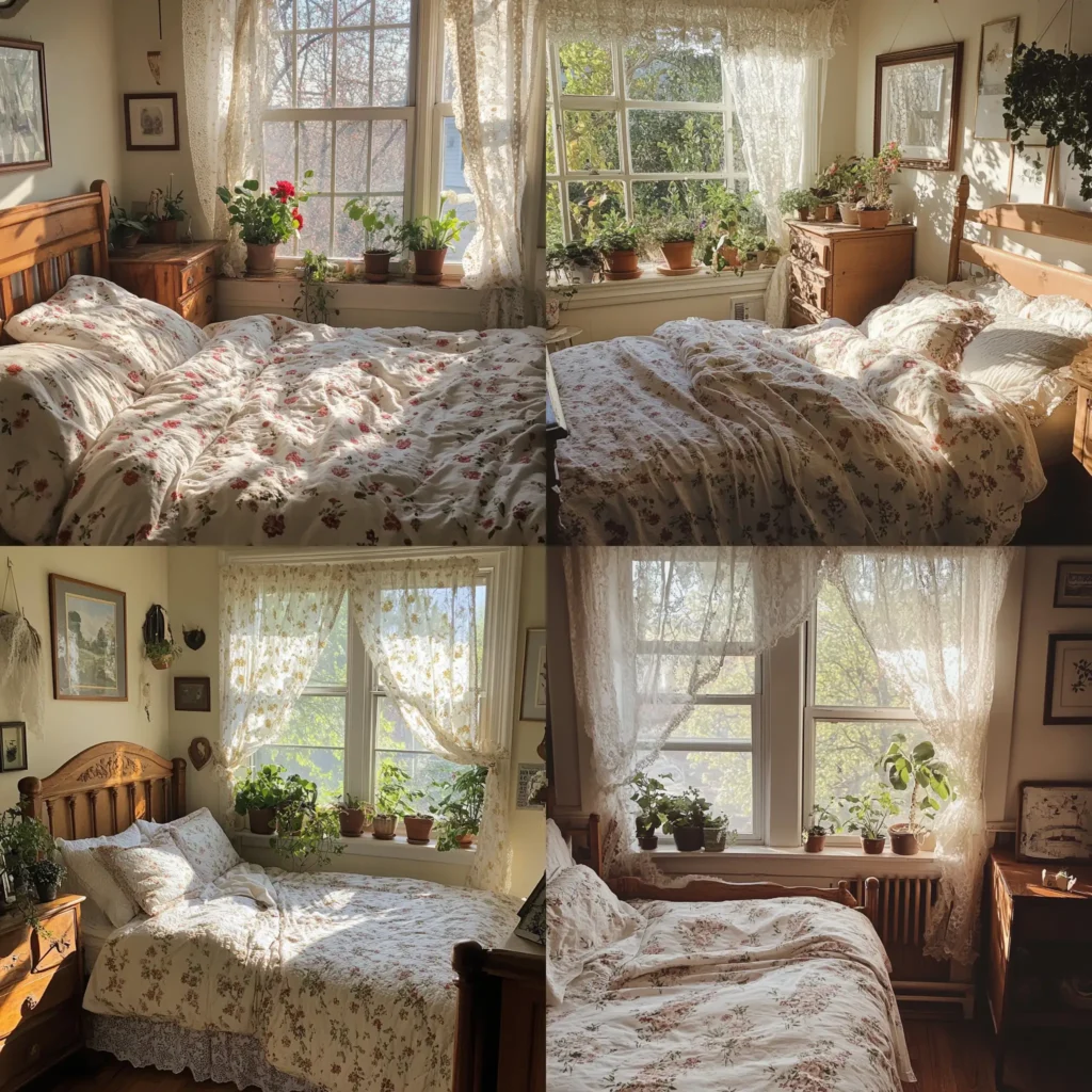 Cottagecore bedroom with vintage floral bedding, lace curtains, and thrifted wooden furniture