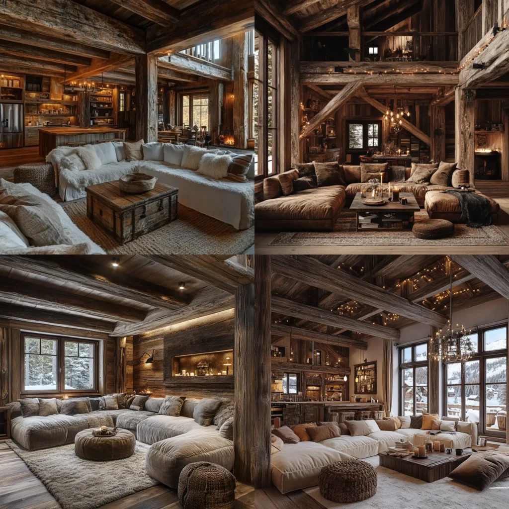 Rustic cabin interior with wooden beams and reclaimed wood walls, creating a warm, cozy atmosphere