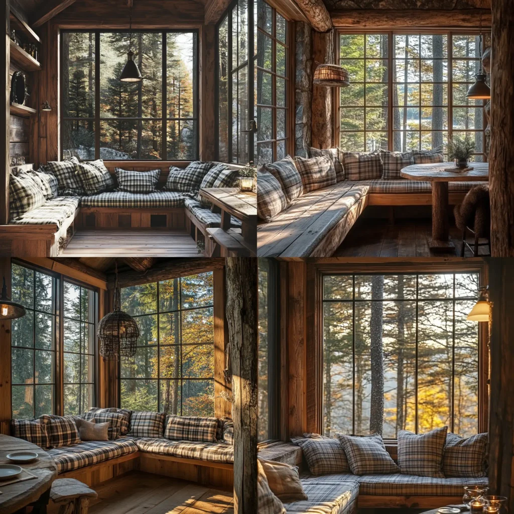 Cozy rustic cabin breakfast nook with wooden bench and window view