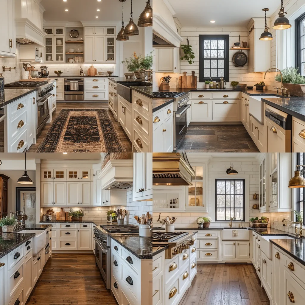 Antique white kitchen cabinets with dark countertops and vintage brass hardware