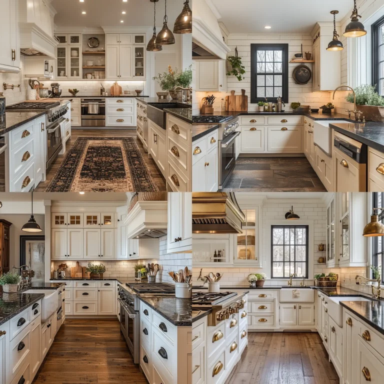 Antique white kitchen cabinets with dark countertops and vintage brass hardware