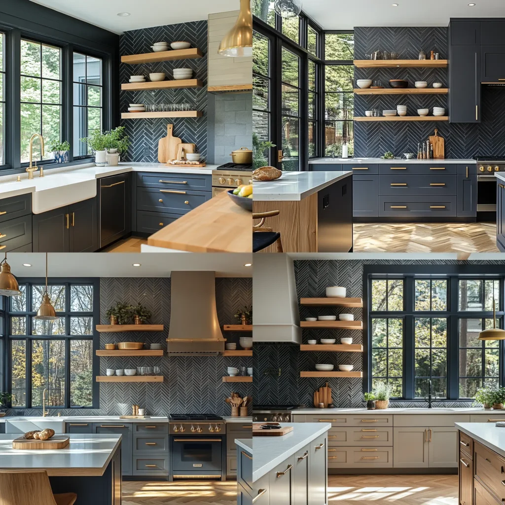 Modern greige kitchen cabinets with white countertops and navy backsplash