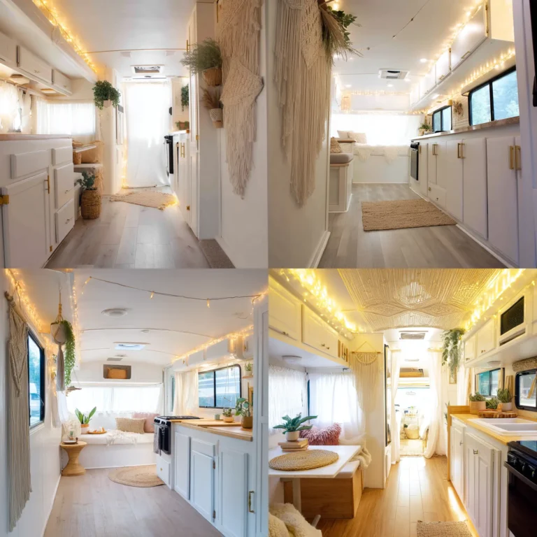 Cozy boho camper remodel with warm lighting and white-painted interior.
